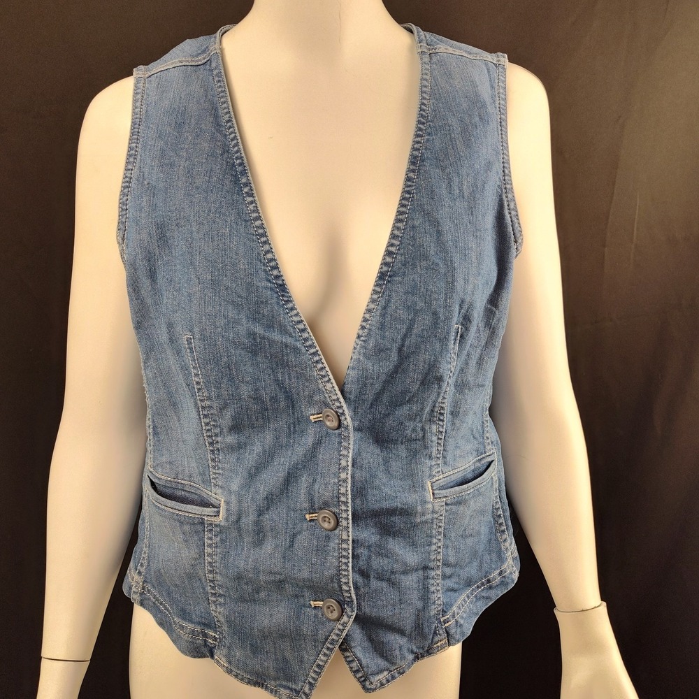 J.Jill XS vest petite blue denim button up pockets Gorpcore layer ASO 90's TV